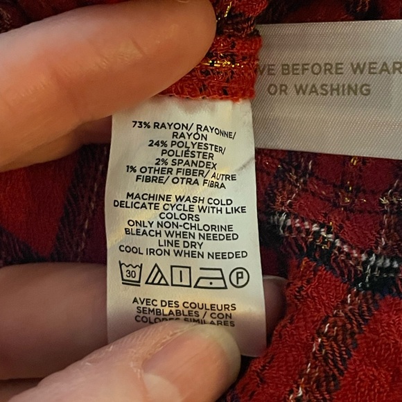LOFT Ann Taylor Shimmer Red Plaid Tiered mini Dress size large gold buttons tie - Picture 10 of 16